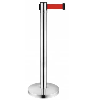 YB01 paslanmaz şerit bariyer, 3 metre kırmızı mekanizmalı şerit, nikelaj gövde ve kauçuk taban detayı - Enerji Trafik